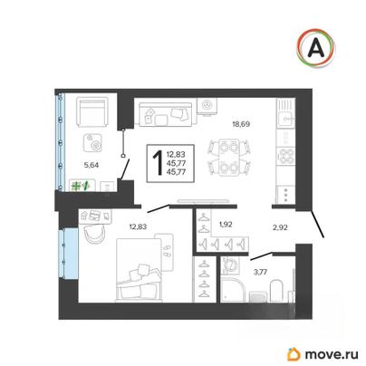 1-комн. квартира, 45.8 м&sup2;
