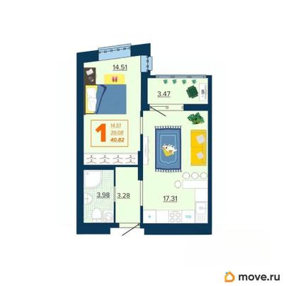 1-комн. квартира, 40.82 м&sup2;