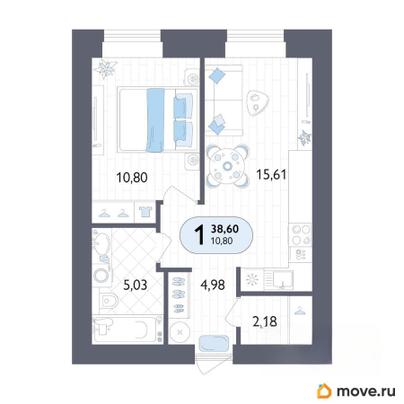 1-комн. квартира, 38.6 м&sup2;