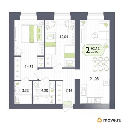2-комн. квартира, 62.12 м&sup2;