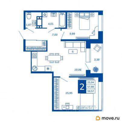 2-комн. квартира, 59.57 м&sup2;
