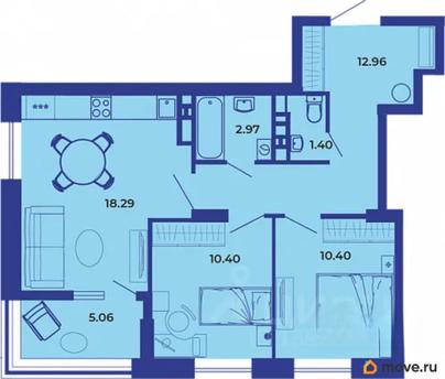 2-комн. квартира, 61.1 м&sup2;