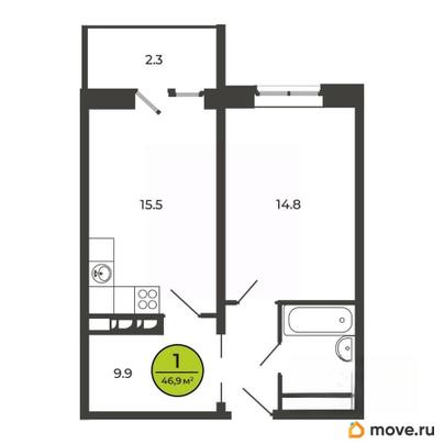 1-комн. квартира, 46.5 м&sup2;
