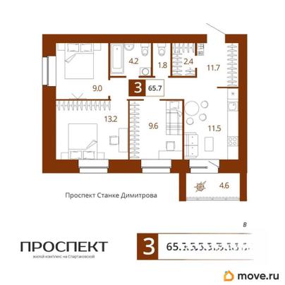 3-комн. квартира, 65.7 м&sup2;