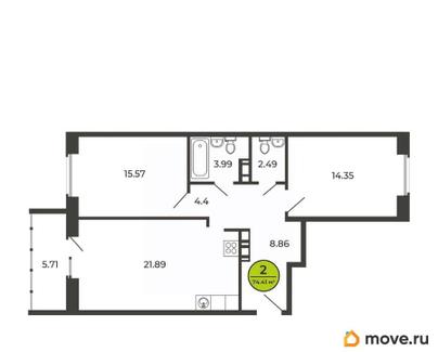 2-комн. квартира, 74.4 м&sup2;