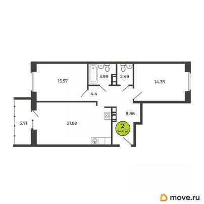 2-комн. квартира, 74.4 м&sup2;