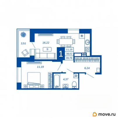 1-комн. квартира, 39.78 м&sup2;