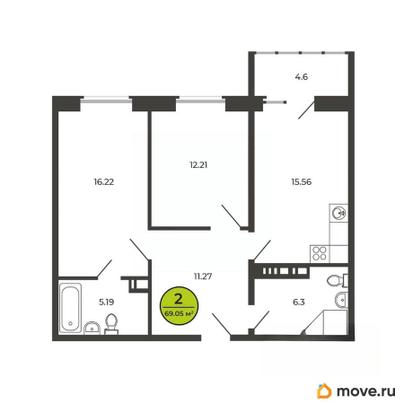 2-комн. квартира, 69.1 м&sup2;