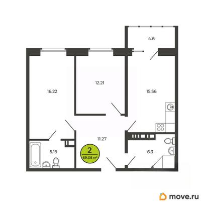2-комн. квартира, 69.1 м&sup2;