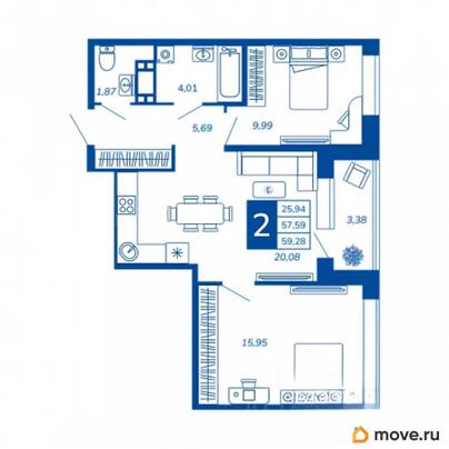 2-комн. квартира, 59.28 м&sup2;