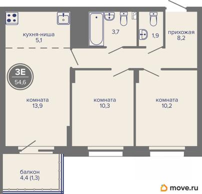 3-комн. квартира, 54.6 м&sup2;