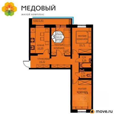 3-комн. квартира, 67.03 м&sup2;