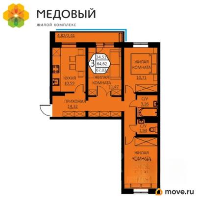 3-комн. квартира, 67.03 м&sup2;