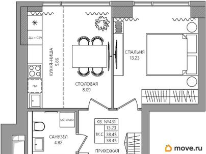 1-комн. квартира, 38.45 м&sup2;