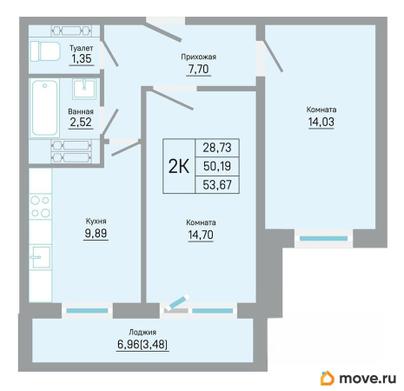 2-комн. квартира, 53.67 м&sup2;