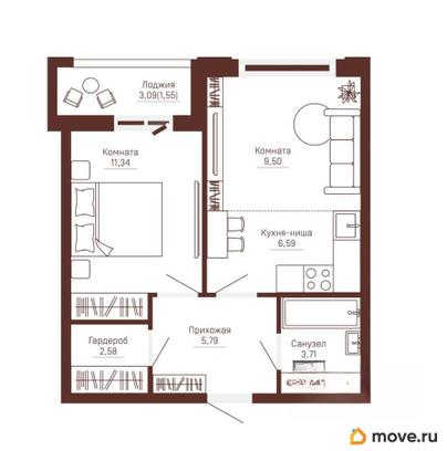 2-комн. квартира, 41.05 м&sup2;