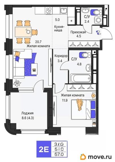 2-комн. квартира, 57 м&sup2;