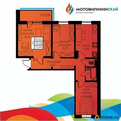 3-комн. квартира, 73.44 м&sup2;