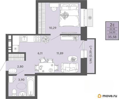 2-комн. квартира, 35.58 м&sup2;