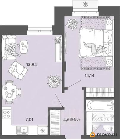 2-комн. квартира, 43.57 м&sup2;