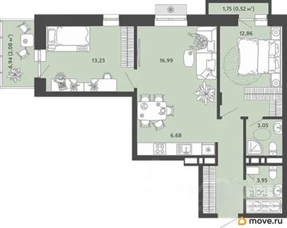 3-комн. квартира, 65.99 м&sup2;