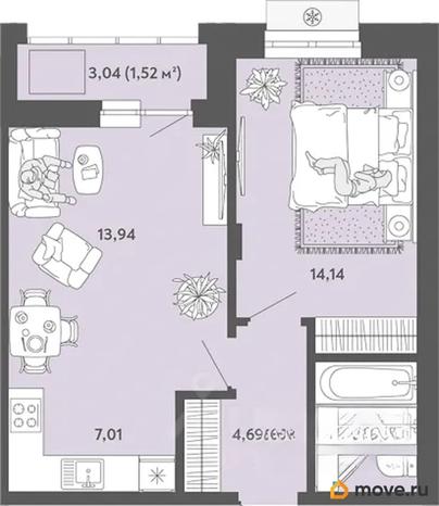 2-комн. квартира, 45.09 м&sup2;