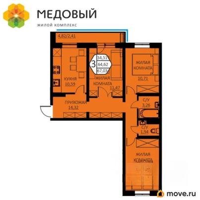 3-комн. квартира, 67.03 м&sup2;