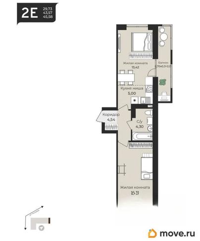 2-комн. квартира, 45.58 м&sup2;