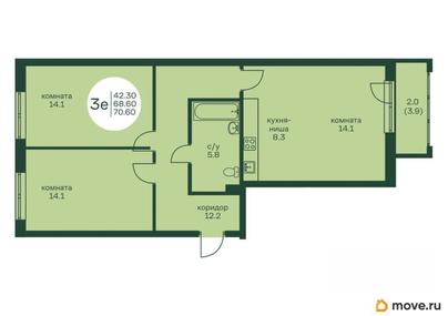 3-комн. квартира, 70.6 м&sup2;