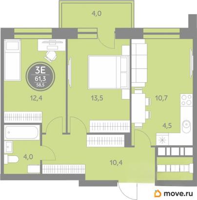 2-комн. квартира, 58.5 м&sup2;