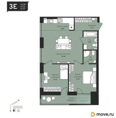 3-комн. квартира, 59.47 м&sup2;