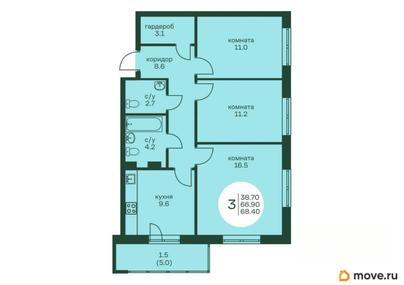 3-комн. квартира, 68.4 м&sup2;
