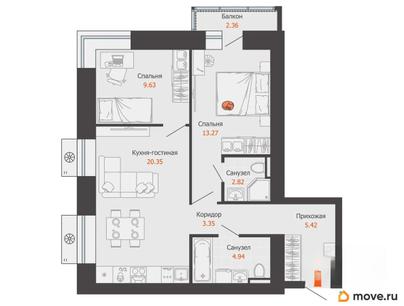 2-комн. квартира, 60 м&sup2;