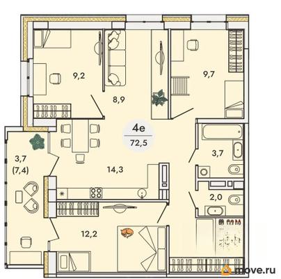 4-комн. квартира, 72.5 м&sup2;