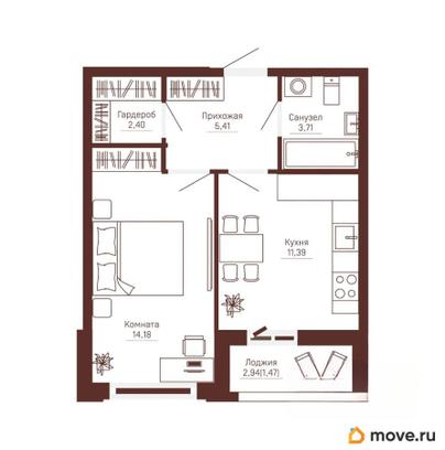 1-комн. квартира, 38.56 м&sup2;