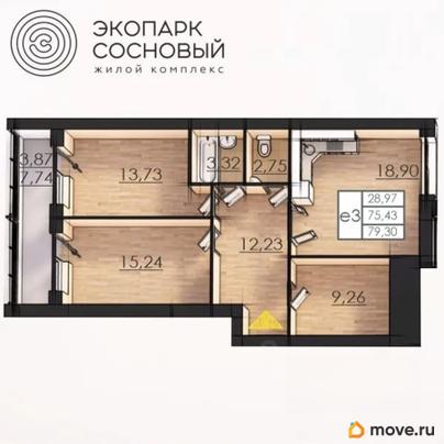 2-комн. квартира, 75.2 м&sup2;
