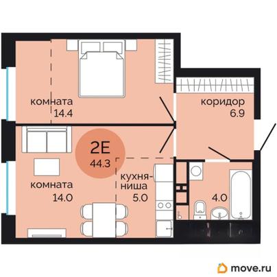 2-комн. квартира, 44.3 м&sup2;