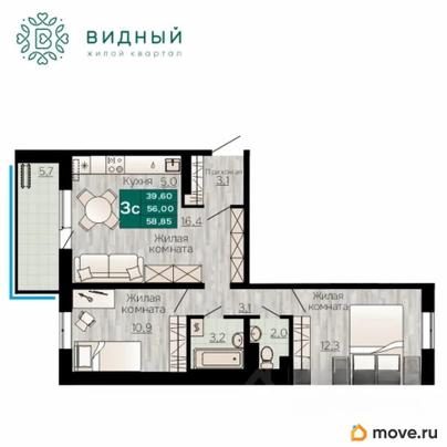 3-комн. квартира, 58.85 м&sup2;