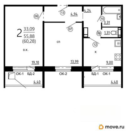 2-комн. квартира, 64.68 м&sup2;