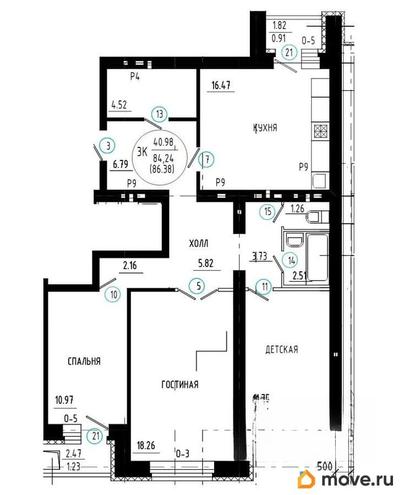 3-комн. квартира, 89.11 м&sup2;