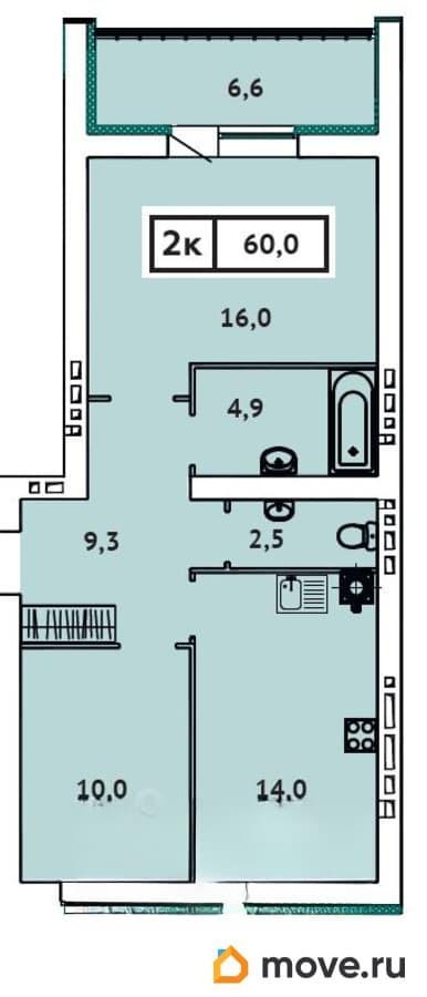 2-комн. квартира, 60 м&sup2;