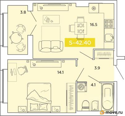 2-комн. квартира, 42.4 м&sup2;