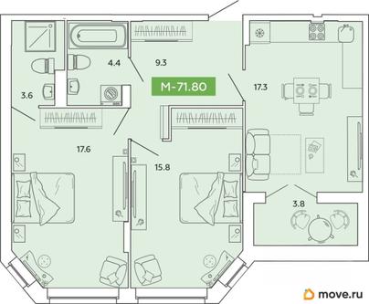 3-комн. квартира, 71.8 м&sup2;