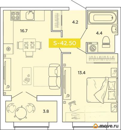 2-комн. квартира, 42.5 м&sup2;