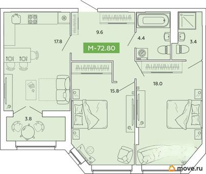 3-комн. квартира, 72.8 м&sup2;