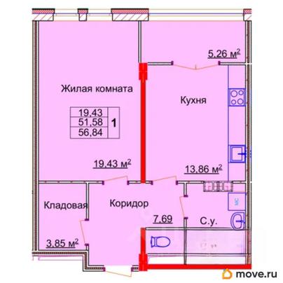 1-комн. квартира, 56.84 м&sup2;