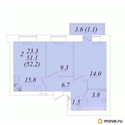 2-комн. квартира, 52.2 м&sup2;