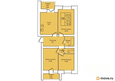 3-комн. квартира, 75.12 м&sup2;