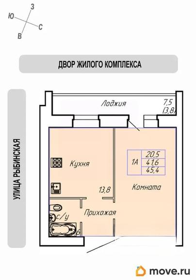 1-комн. квартира, 45.4 м&sup2;