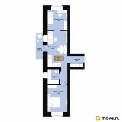 2-комн. квартира, 49.1 м&sup2;